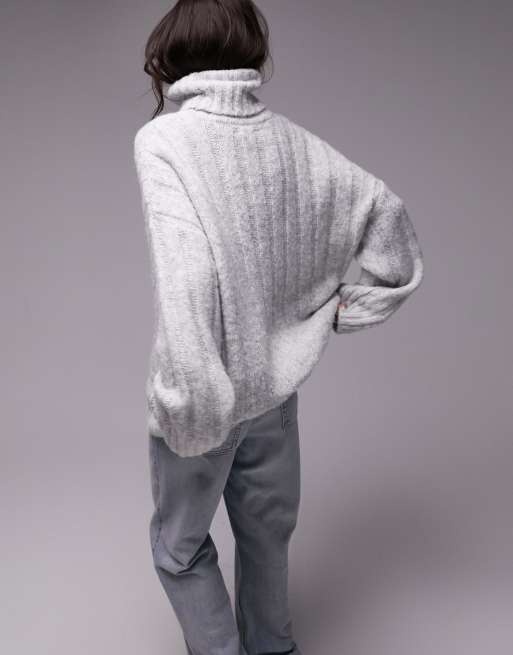 Topshop knitted roll neck wide rib sweater in gray