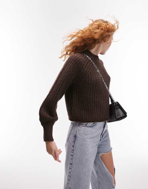Topshop knitted rolled hem sweater in chocolate