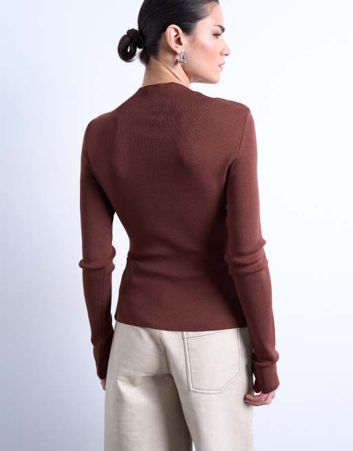 Topshop knitted ruffle button top in chocolate, 3 of 4