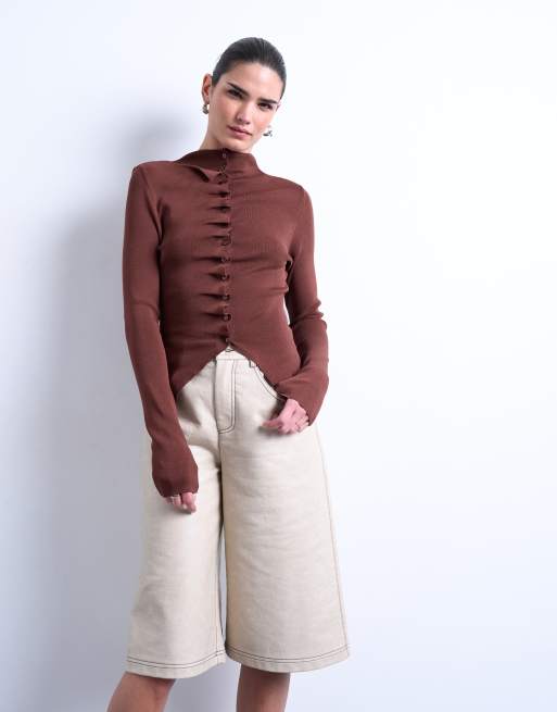 Topshop knitted ruffle button top in chocolate, 4 of 4