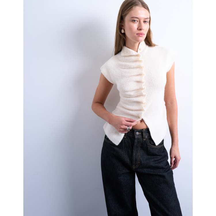 Topshop knitted ruffle button top in ivory | ASOS