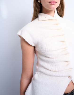 Topshop Knitted Ruffle Button Top In White