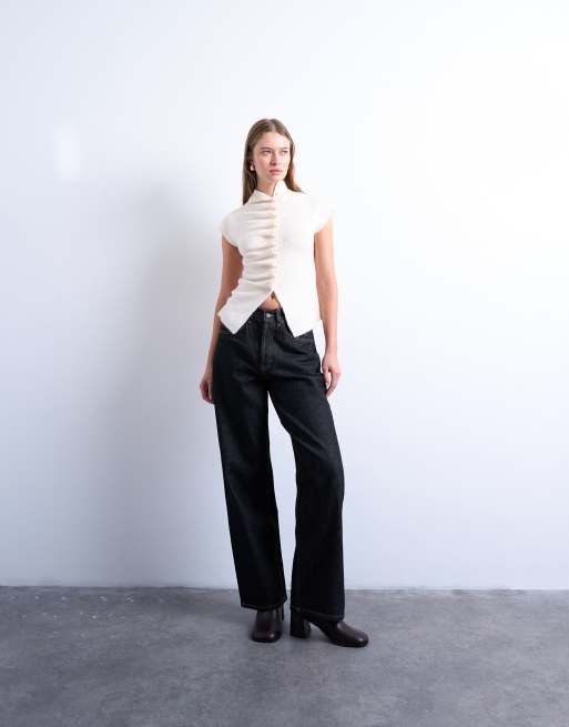 Topshop knitted ruffle button top in ivory