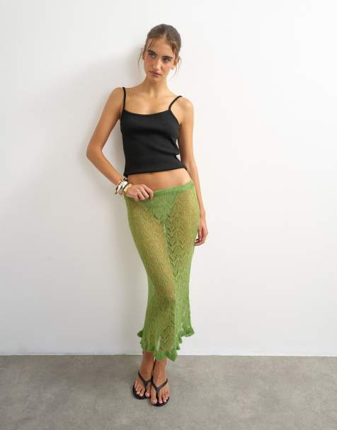 Topshop knitted ruffle hem pointelle midi skirt with wool in green - view 1