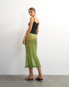 Model wearing Knitted ruffle hem pointelle midi skirt with wool in green