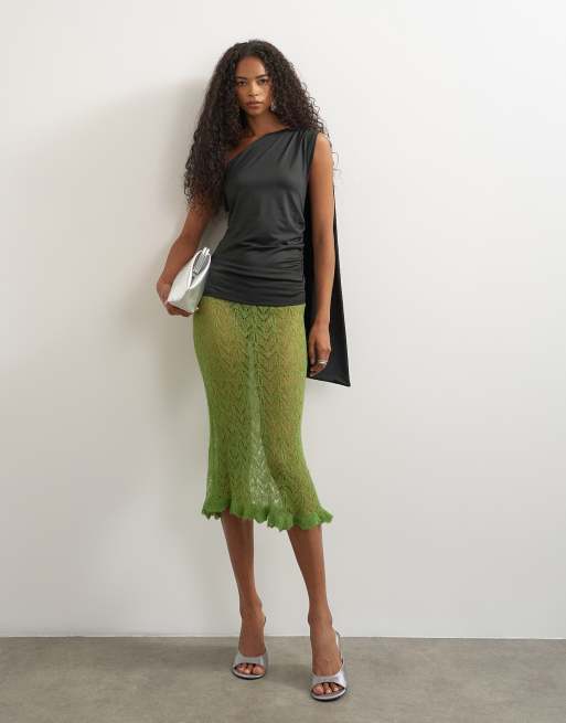 Topshop knitted ruffle hem pointelle midi skirt with wool in green, 5 of 5