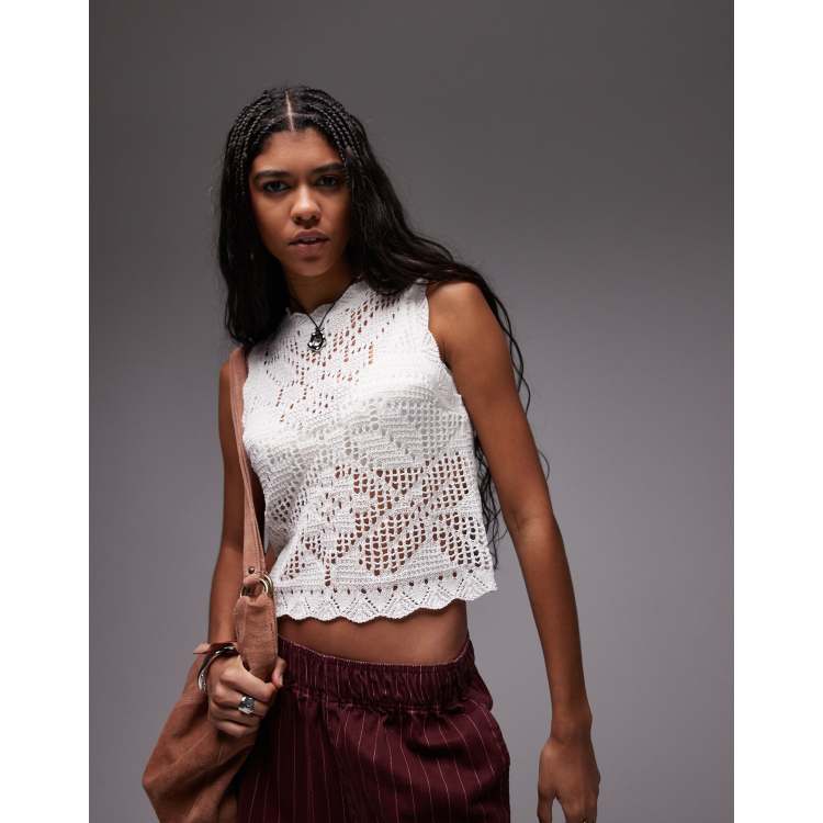 Topshop knitted scallop edge stitchy tank top in ivory ASOS