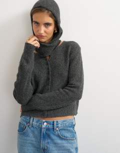 Knitted scarf cardigan with wool in charcoal