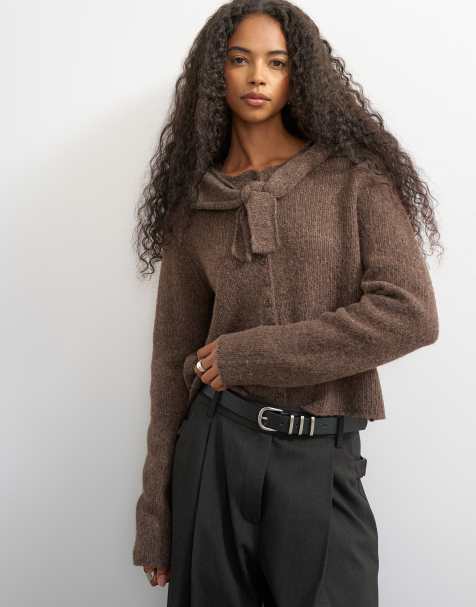 Topshop knitted scarf cardigan with wool in pecan - view 1