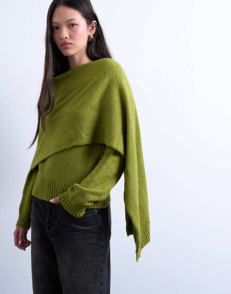 Topshop knitted scarf jumper in olive green - view 1