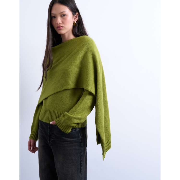 Topshop knitted scarf jumper in olive green | ASOS