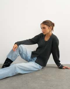 Model wearing Knitted scoop neck cardigan in coal