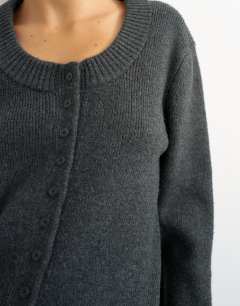 Model wearing Knitted scoop neck cardigan in coal