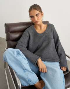 Model wearing Knitted scoop neck jumper in charcoal
