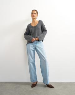 Model wearing Knitted scoop neck jumper in charcoal