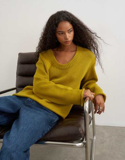 Topshop knitted scoop neck jumper in corn, 1 of 4