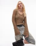 [Topshop] Topshop knitted scoop neck open stitch top in mink-Multi XS Mink