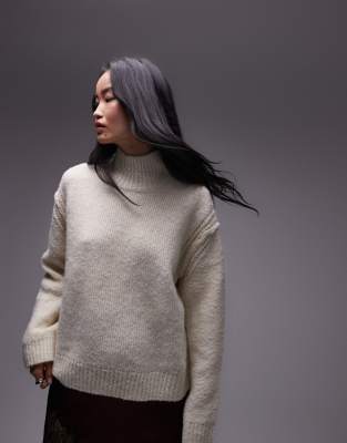 Topshop Knitted Seam Stitch Detail Funnel Relaxed Sweater In Ivory-white