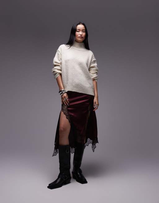 Topshop knitted seam stitch detail funnel relaxed sweater in ivory