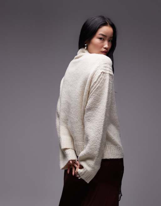 Topshop knitted seam stitch detail funnel relaxed sweater in ivory