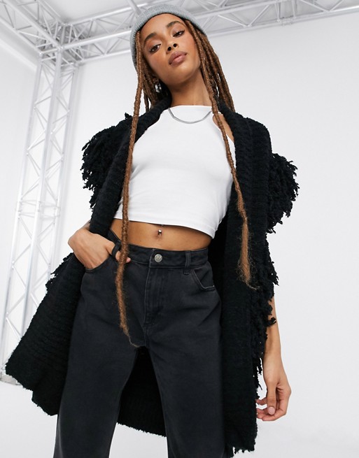 Topshop knitted shaggy gilet in black