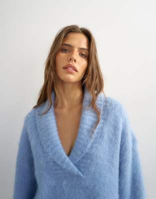 ASOS Topshop knitted shawl collar sweater with wool in blue | ASOS