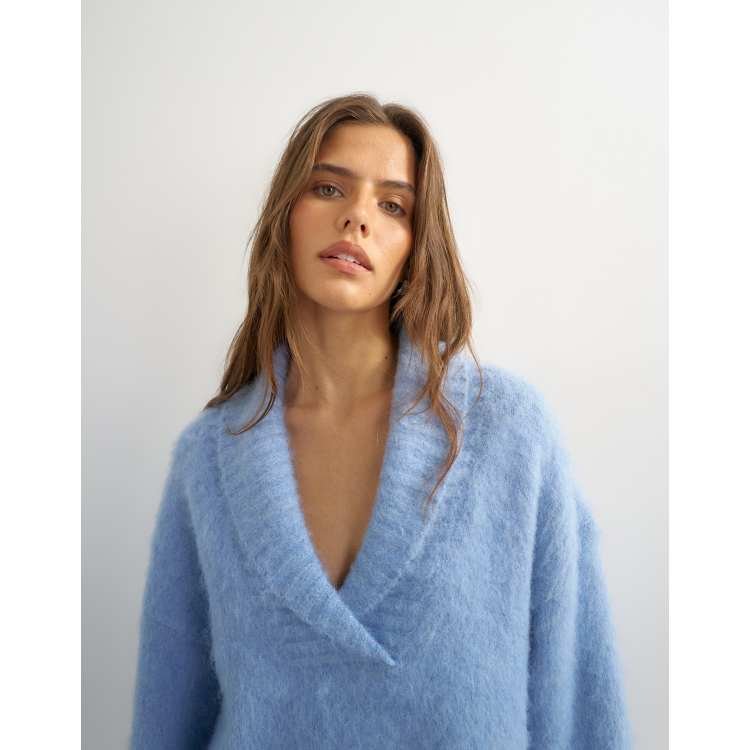 Topshop knitted shawl collar sweater with wool in blue | ASOS