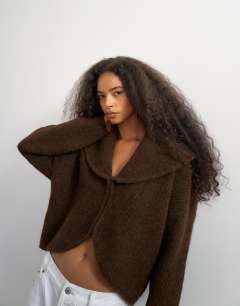 Knitted shawl collared cardigan in pecan