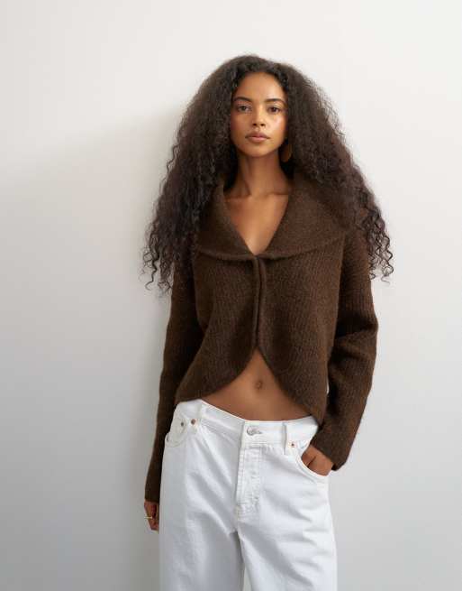 Topshop knitted shawl collared cardigan in pecan, 2 of 4