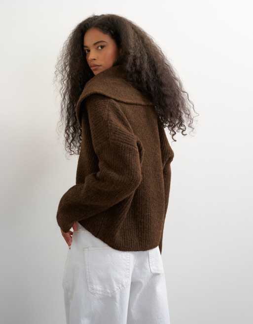 Topshop knitted shawl collared cardigan in pecan, 4 of 4