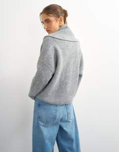 Model wearing Knitted shawl collared cardigan in smoke