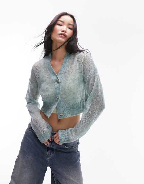 Topshop knitted sheer cardigan in light blue - view 1