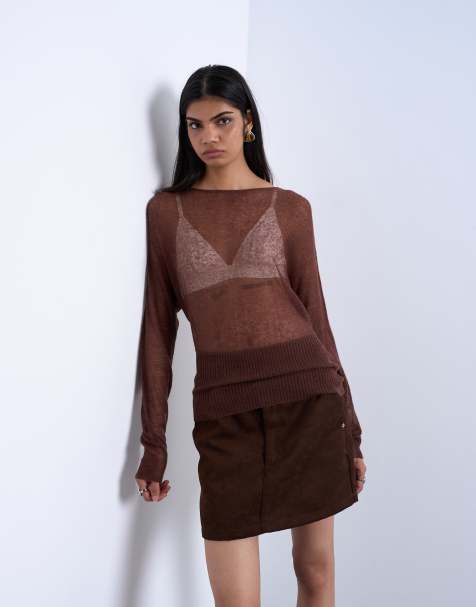 Topshop knitted sheer cinch waist top in chocolate