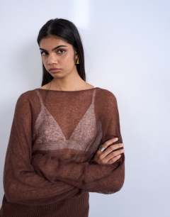 Model wearing Knitted sheer cinch waist top in chocolate