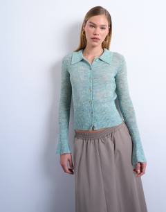 Knitted sheer collared cardigan in mint