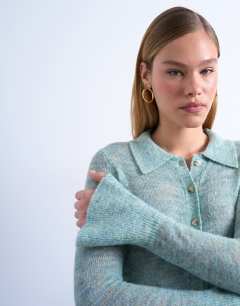 Model wearing Knitted sheer collared cardigan in mint