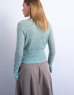 Model wearing Knitted sheer collared cardigan in mint