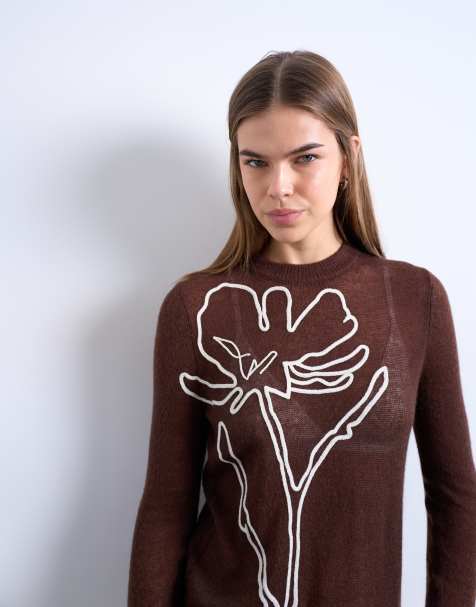 Topshop knitted sheer embroidered floral top in chocolate