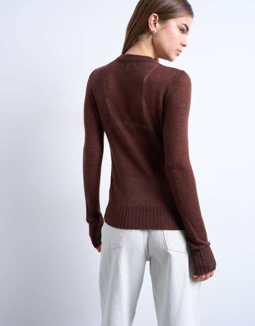 Topshop knitted sheer embroidered floral top in chocolate, 2 of 4