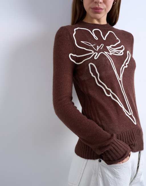 Topshop knitted sheer embroidered floral top in chocolate, 3 of 4
