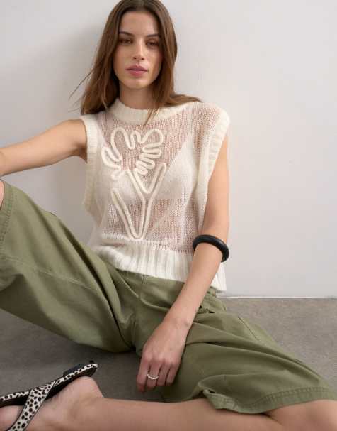 Topshop knitted sheer embroidered floral vest in ivory - view 1