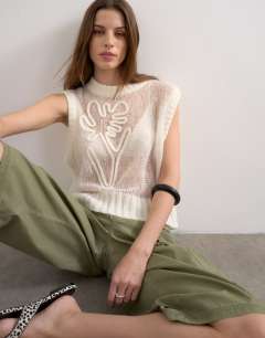 Knitted sheer embroidered floral vest in ivory