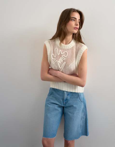 Topshop knitted sheer embroidered floral vest in ivory
