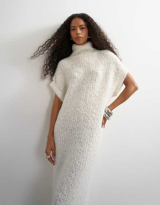 Topshop knitted sheer funnel neck maxi dress with wool in ivory, 2 of 4