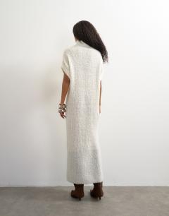 Model wearing Knitted sheer funnel neck maxi dress with wool in ivory