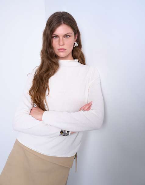 Topshop knitted sheer high neck jumper in ivory - view 1