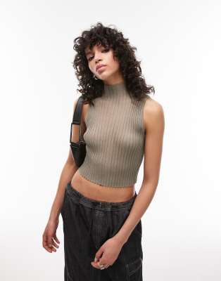 Topshop knitted sheer high neck tank top in khaki