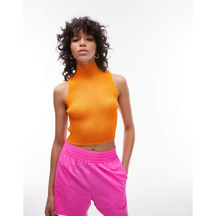 Topshop knitted sheer high neck tank top in orange ASOS