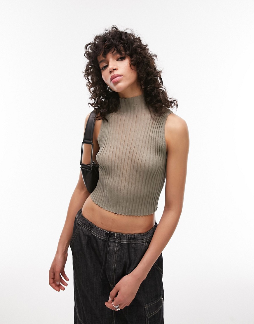 Topshop knitted sheer high neck vest top in khaki-Green