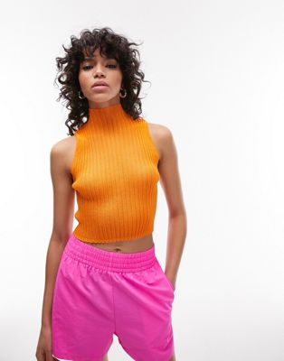 Topshop knitted sheer high neck vest top in orange | ASOS
